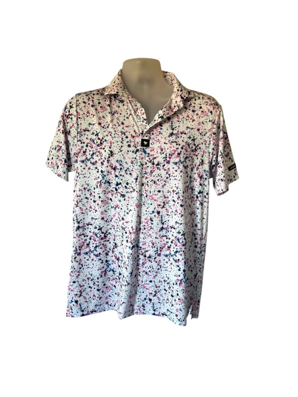 Bad Birdie Paint Splatter Golf Polo Shirt Size SMALL Performance Preppy Stretch